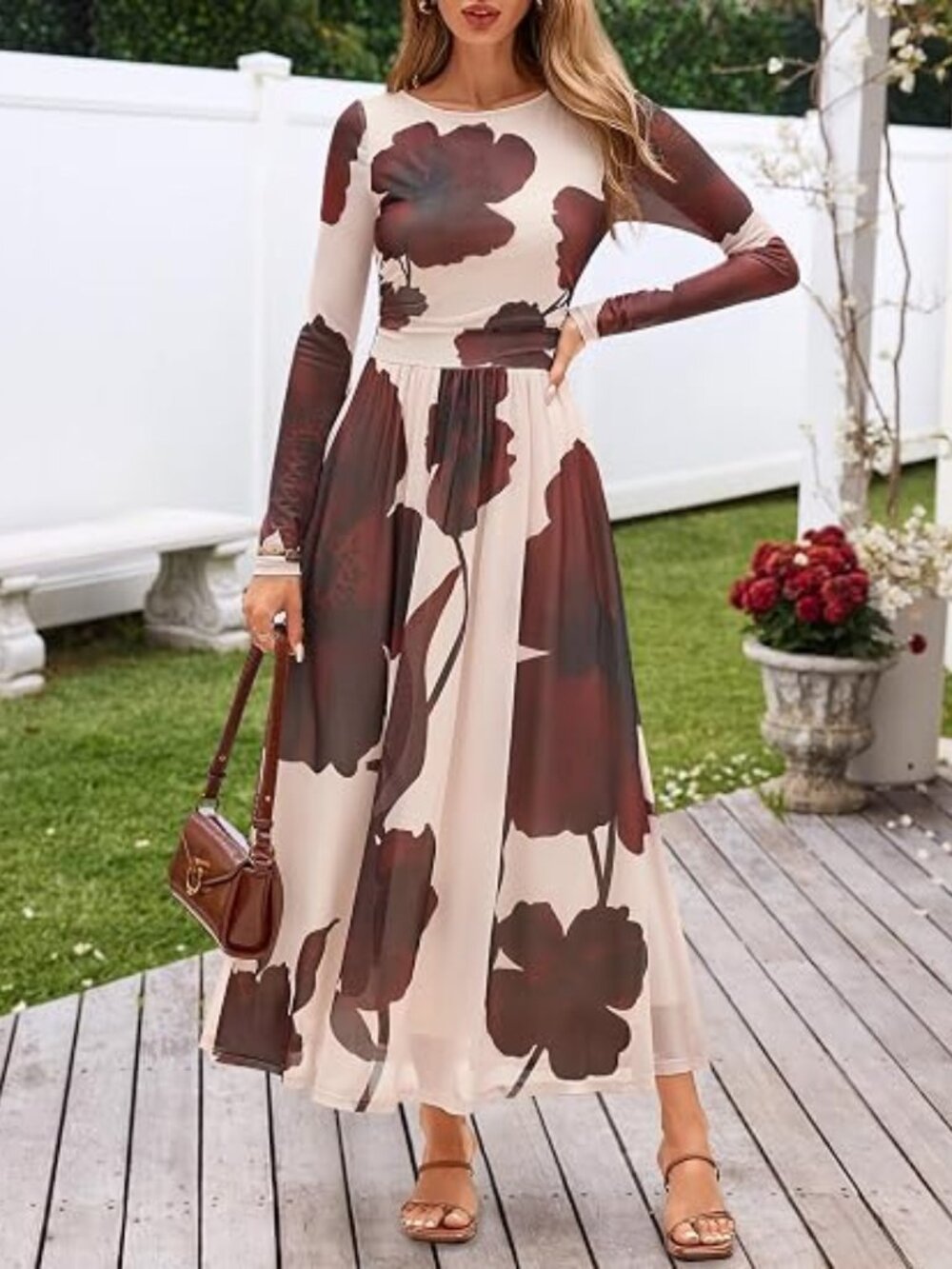 Women's Fall Wedding Guest Cocktail Long Sleeve Floral Maxi Dress